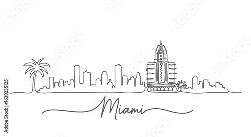 Miami Skyline Line Art Cityscape Illustration with Travel, and USA.