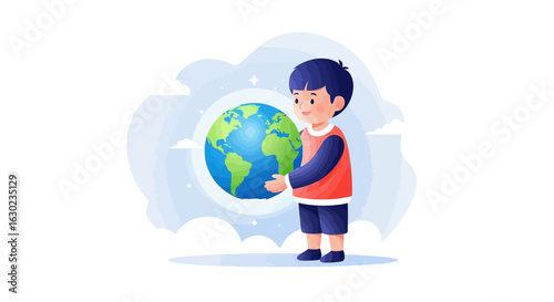 A young boy gently holds the planet Earth, symbolizing care for the environment and global responsibility for future generations.