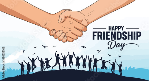 A symbolic handshake representing unity and camaraderie, above a silhouette of a joyful crowd celebrating friendship together.