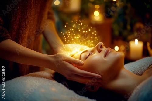 A relaxing reiki or head massage session, where a woman's face is gently treated by the hand of a practitioner. positive energy, health, and a serene lifestyle