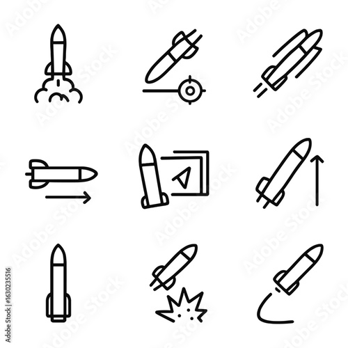 Missile Trajectory Icons. Outline icon set of trajectory of a missile: launch, target, speed, direction, guidance, altitude,