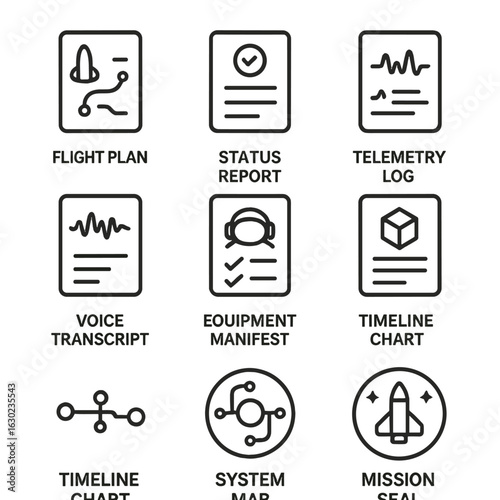 Mission Icons Set. Outline icon set of mission documentation: flight plan, status report, telemetry log, voice transcript, EVA
