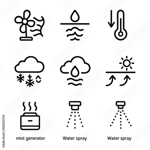 Mist Cooling Icon Set. Outline icon set of mist cooling processes: evaporative cooling, dew point, temperature drop, condensation,