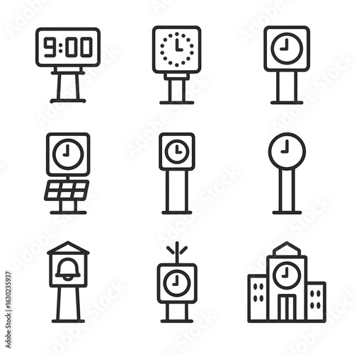 Modern Clock Tower Icons. Outline icon set of modern clock towers: digital clock face, LED display, smart clock, solar panel,