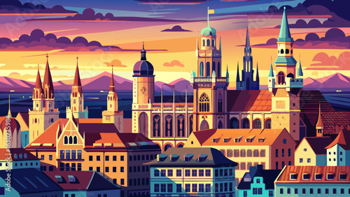 The Munich skyline glows with architectural splendor, centered on Marienplatz and its grand town hall. Gothic spires rise against a soft sky, defining the city's cultural heart with timeless beauty.