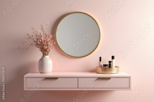 Pink Vanity with Round Mirror, Flowers, and Cosmetic Products
