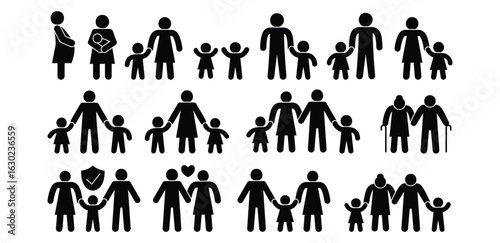 Family Icon Set Black Silhouettes, People, Group, Child, Parent, Man, Woman, Symbol Vector Design Illustration on White Background