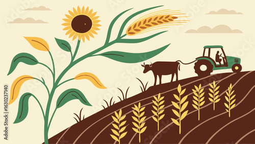 Farm Scene with Tractor Sunflower and Wheat.