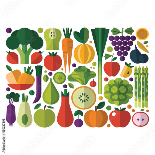 A vibrant graphic collection of fresh fruits and vegetables. Vector illustration set with food icons in a modern flat design style.