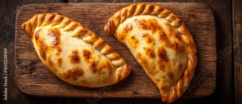 Fototapeta Naklejka Na Ścianę i Meble -  Two delicious baked empanadas on a rustic wooden board, savory pastry