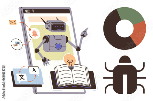 Robot interacting with an open book, data charts, app notifications, and translation tools. Ideal for AI, automation, productivity, digital learning, language processing data analysis innovation