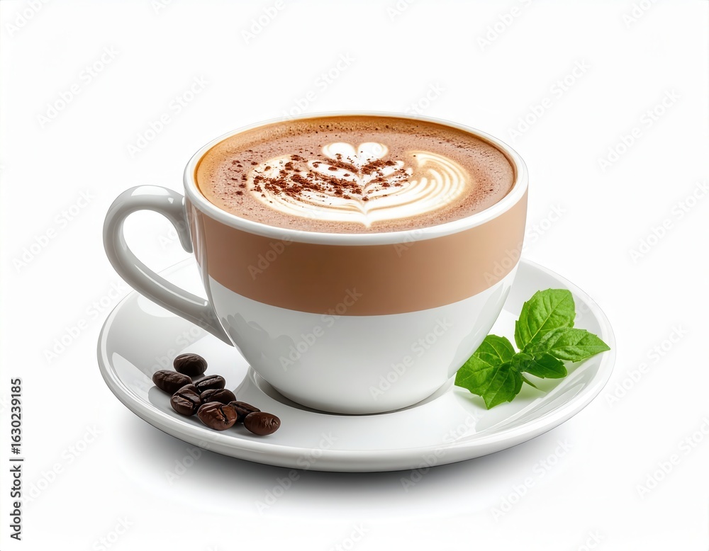 Obraz premium Hot coffee cappuccino with heart shaped foam art served in white cup on matching saucer with coffee beans and fresh mint leaves for breakfast or cafe beverages