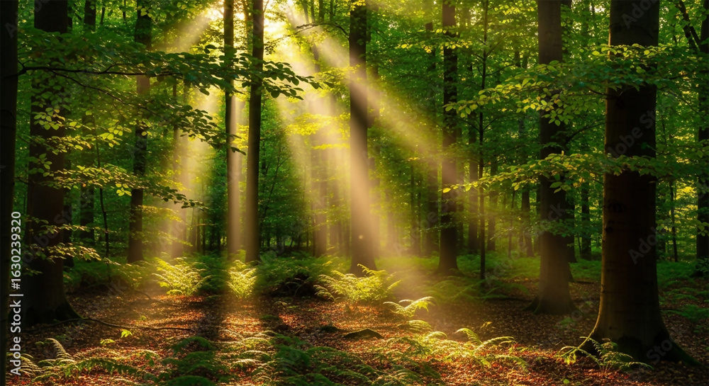 Fototapeta premium Sunlight filtering through green forest canopy background