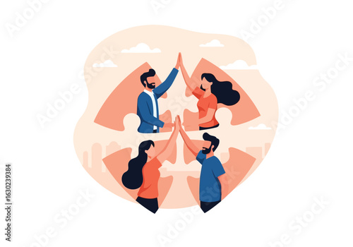 Vector art of four people giving high fives in a circle, symbolizing teamwork and collaboration, isolated on white background