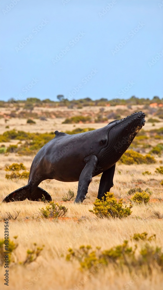 Fototapeta premium Humpback whale in a dry, grassy plain