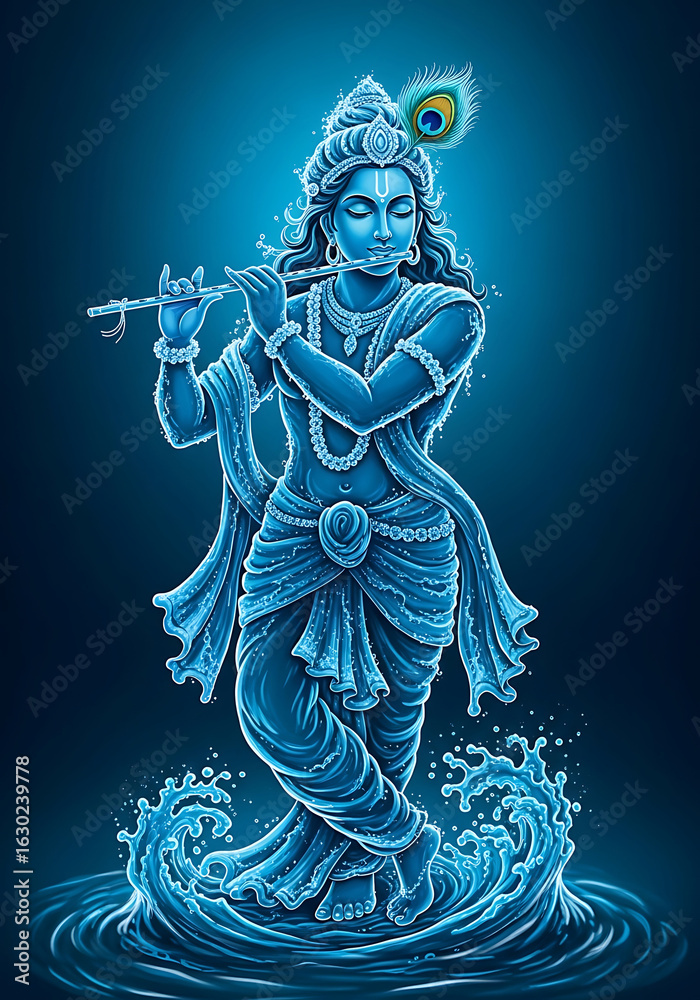 Fototapeta premium Blue Krishna playing flute with peacock feather Hindu god