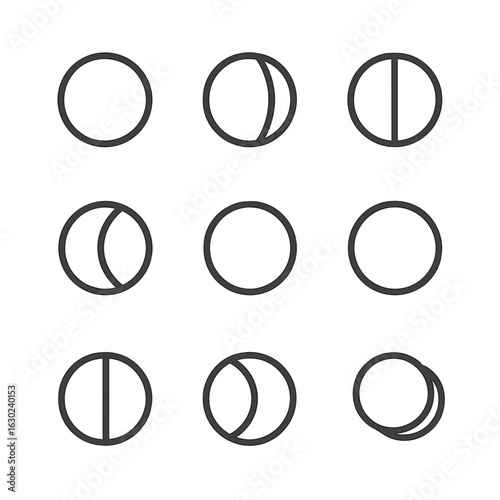 Moon Cycle Icons. Outline icon set of moon cycle: new moon, waxing crescent, first quarter, waxing gibbous, full moon, waning
