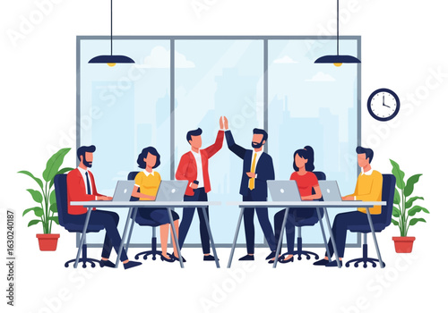 Vector art of business team in a modern office setting highfiving during a meeting, signifying successful collaboration, teamwork, and achievement of goals