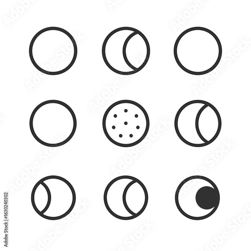 Moon Phases Icons. Outline icon set of moon phases cycle: new moon, waxing crescent, first quarter, waxing gibbous, full moon,