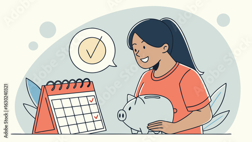 Happy Girl Planning Savings with Calendar and Piggy Bank.
