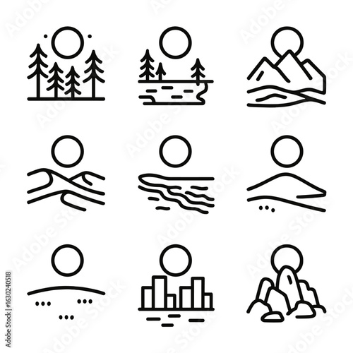 Moonlit Landscapes Icons. Outline icon set of full moon landscapes: moonlit forest, lake reflection, mountain silhouette under
