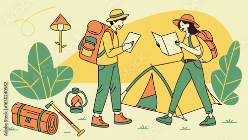 Happy Hikers Planning Their Outdoor Adventure.
