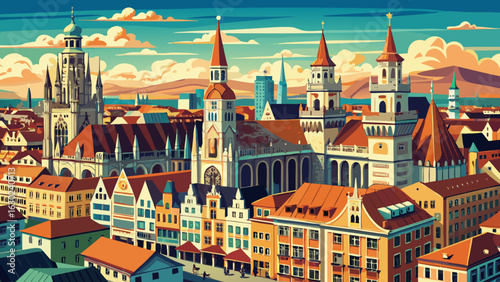 Detailed rooftops, classic facades, and the majestic town hall shape Munich's historic skyline. Marienplatz breathes life into the view, where tradition and elegance blend in semi-realistic vector cha