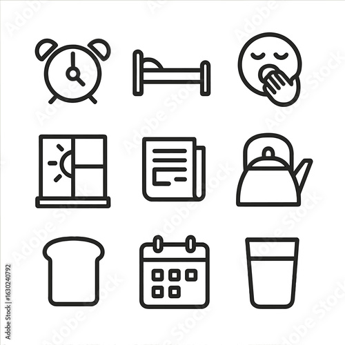 Morning Routine Icons. Outline icon set of morning activities: alarm bell, bed, yawning face, window with sun, newspaper, kettle,