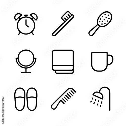Morning Routine Icons. Outline icon set of morning routine objects: alarm clock, toothbrush, hairbrush, mirror, towel, coffee mug,