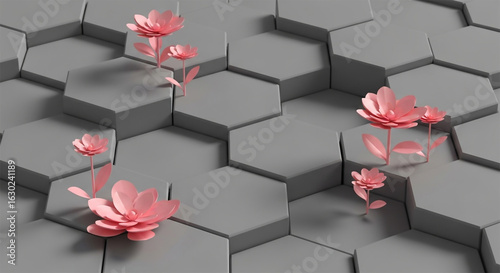 3D hexagon background with soft pink abstract flowers on matte gray surface minimal and futuristic style