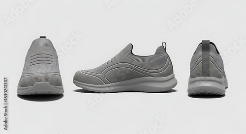 Modern grey slip-on sneaker product mockup showing front, side, and back isolated views