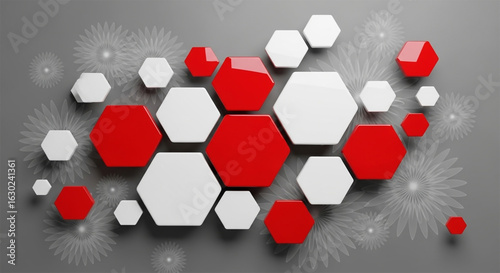 Abstract background with high gloss hexagon shapes in red and white and radial organic flower forms neutral gray surface