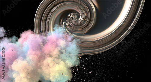 Abstract metallic chrome swirl with pastel dust