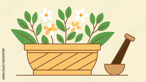 Orange and white flowers in a pot with mortar and pestle