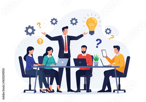 Vector art of business team collaborating on a new idea during a meeting, with a leader presenting and team members engaged with laptops and discussions, symbolizing teamwork and innovation