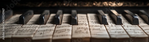 Close-up of piano keys with old sheet music.