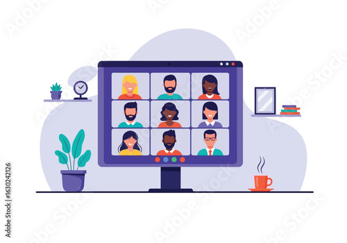 Vector art of computer screen displaying a video conference with multiple participants, illustrating online business meetings and remote team collaboration, isolated on white background