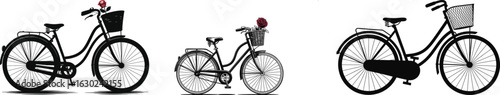 Three vintage bicycles displayed side by side in a stylized illustration