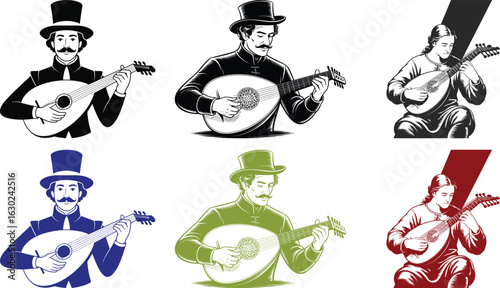 Vintage musician playing a mandolin or lute in various artistic styles