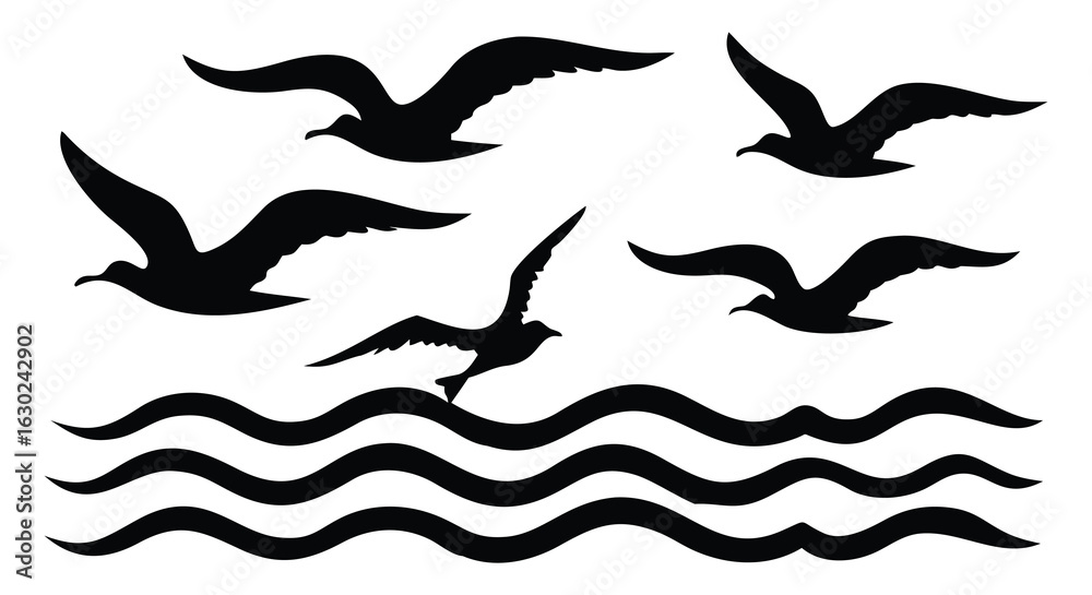 Obraz premium Birds Flying Over Ocean Waves Silhouette
