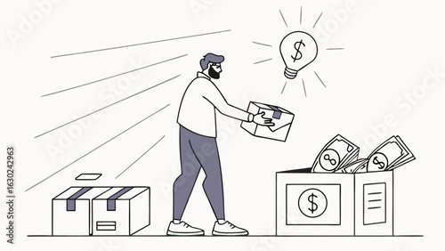 Man Carrying Box with Idea and Money.