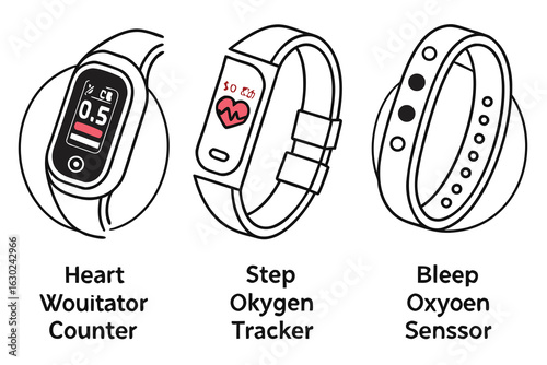 Illustration of three different wearable fitness trackers showing heart rate step count and oxygen levels