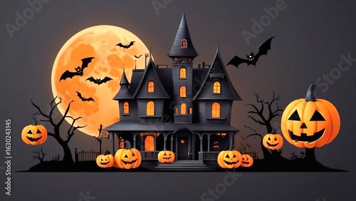 Spooky Haunted Mansion with Pumpkins and Full Moon on Halloween Night