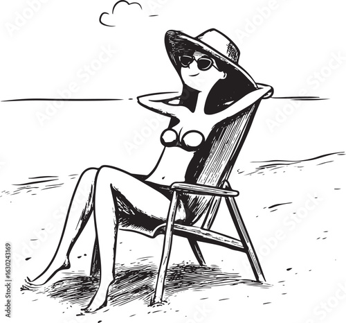 Black line art comical funny vector drawing on a lady on beach