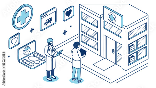 Medical Clinic with Doctors and Digital Tools.