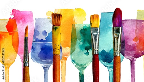 Colorful watercolor wine glasses and paintbrushes on white