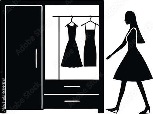 woman walking past wardrobe with dresses and shoes silhouette vector icon