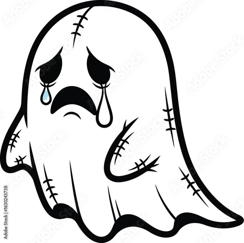 Cartoon ghost with tears, expressing sadness and loneliness, Halloween themed illustration for spooky designs and emotional storytelling
