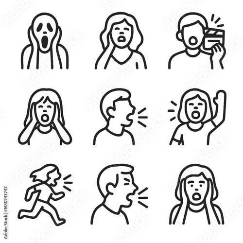 Movie Scream Icons. Outline icon set of scream in movies: iconic scream, dramatic scream, movie scream, scream for help, chase