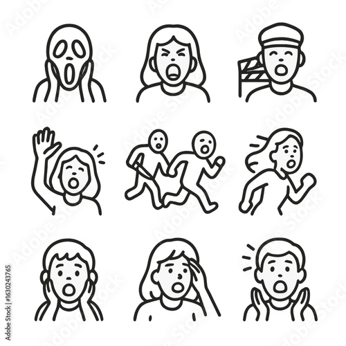 Movie Scream Icons. Outline icon set of scream in movies: iconic scream, dramatic scream, movie scream, scream for help, chase